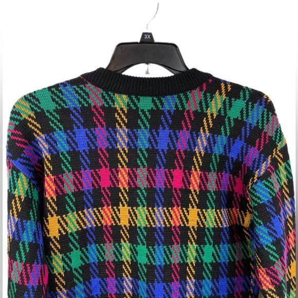 Vintage 100% Lambswool Plaid Cardigan Sweater Small Black Multicolor V-Neck - Picture 7 of 13